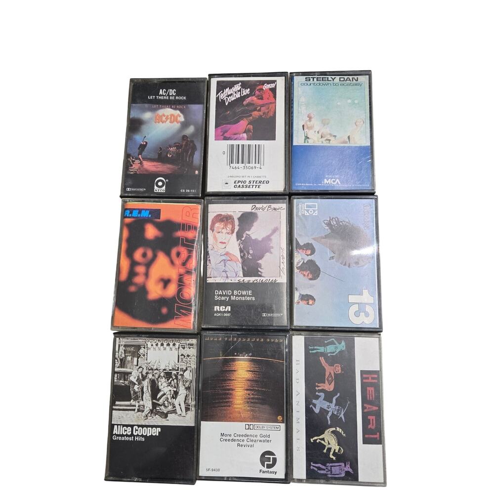 collection of nine vintage cassette tapes features a variety of classic rock/pop